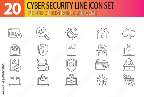 Cyber security Icon Set. Editable Stroke Icons. Data protection symbol. Secured network icon collection. Technology concept. Vector illustration