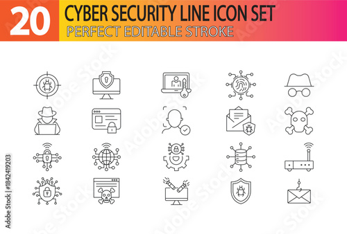 Cyber security Icon Set. Editable Stroke Icons. Data protection symbol. Secured network icon collection. Technology concept. Vector illustration