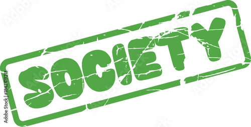 Grungy green text box stamp prominently featuring the essential word SOCIETY