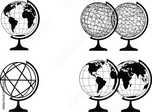 Vector Black and White Set of Terrestrial Globes Illustrating Geography, World Connectivity, Travel, and Global Communication Concepts Isolated on White