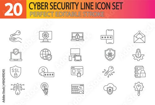 Cyber security Icon Set. Editable Stroke Icons. Data protection symbol. Secured network icon collection. Technology concept. Vector illustration