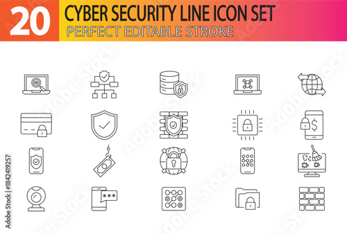 Cyber security Icon Set. Editable Stroke Icons. Data protection symbol. Secured network icon collection. Technology concept. Vector illustration