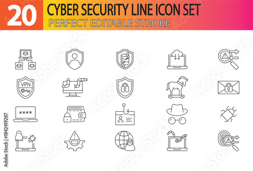 Cyber security Icon Set. Editable Stroke Icons. Data protection symbol. Secured network icon collection. Technology concept. Vector illustration