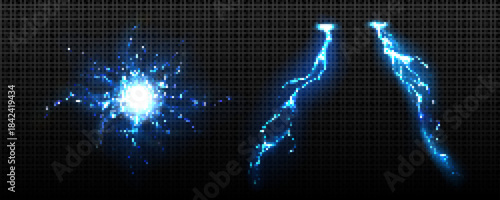 Bright blue and white electrical lightning bolts crackling across a dark black background with energy arcs.
Glowing blue energy portal with electric lightning bolts radiating outwards on a dark backgr