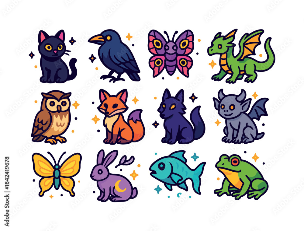 Obraz premium Whimsigoth Creature Icons. Whimsigoth Creature Companions. Color