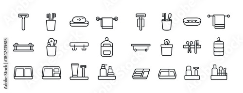 Bathroom essentials icons set: razors, toothbrushes, soap, towel