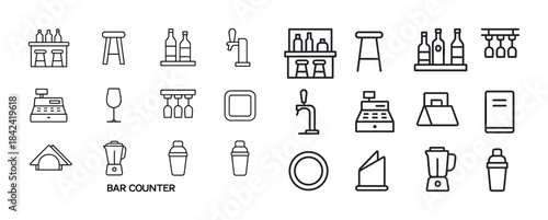 Bar icons: furniture, equipment, glassware, appliances, minimali