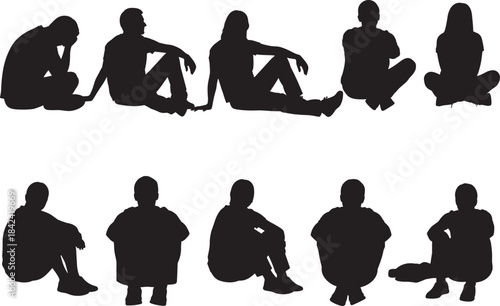Set of ten diverse male and female silhouettes sitting in various relaxed casual poses, representing rest, outdoor leisure, and social interaction for graphic design resources vector.