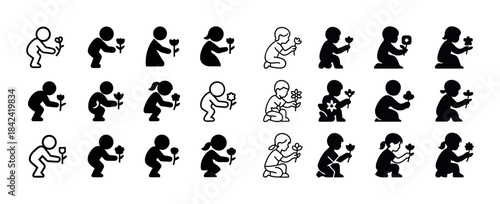 Set of silhouette and outline icons of children holding flowers
