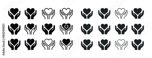Set of diverse heart in hands icons in various styles and design