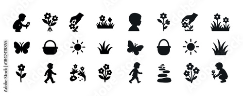 Silhouette icons of children, nature, and garden elements