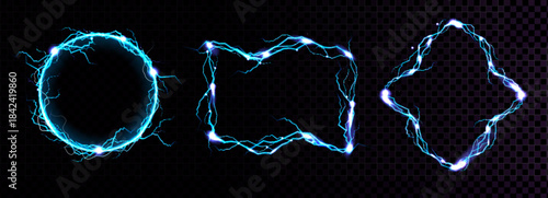 Bright blue and white electrical lightning bolts crackling across a dark black background with energy arcs.
Glowing blue energy portal with electric lightning bolts radiating outwards on a dark backgr
