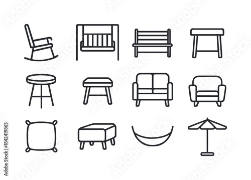 Porch Furniture Icons. Porch furniture. Line icon set of Porch f
