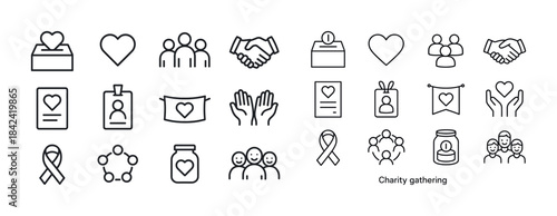 Charity icons set: heart, hands, community symbols for volunteer