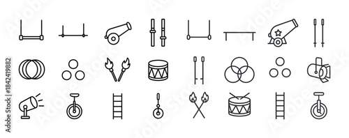 Linear circus icons: equipment and performance elements in black