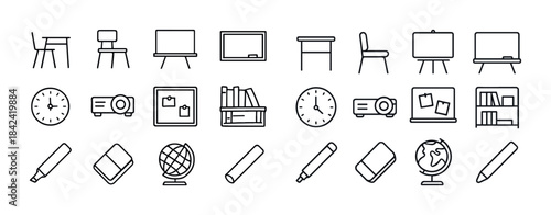 Linear classroom icons: desks, boards, clocks, projectors, globe