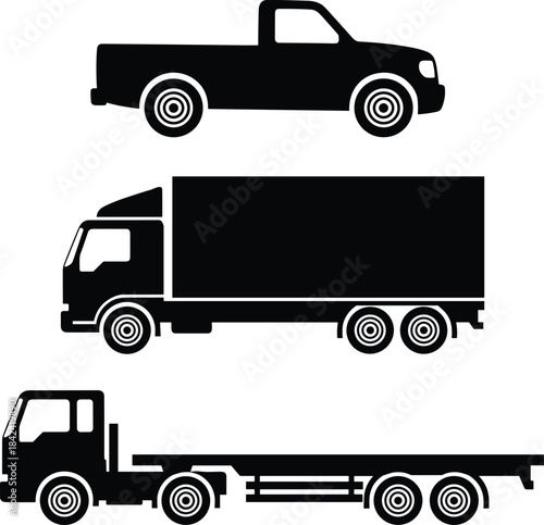 Pickup Truck, Delivery Box Van, and Flatbed Trailer Lorry on White Background.