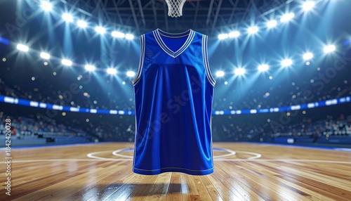 Clean Professional Blue Basketball Jersey Design Mockup on Court Arena