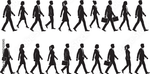 Vector set of male and female business people silhouettes in formal suits with bags, purposefully walking, representing career, daily commute, travel, and corporate success.