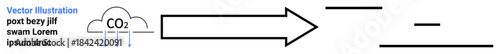 Environmental impact, pollution tracking, carbon sequestration, climate change, industrial processes, ecological impact. CO2 in cloud and directional arrow. Climate change and pollution tracking