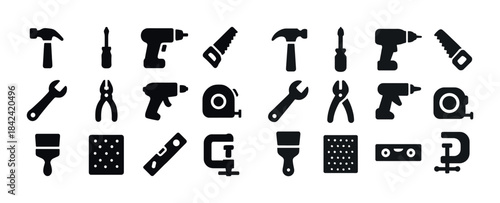 Silhouette icons of various hand and power tools in a grid layou