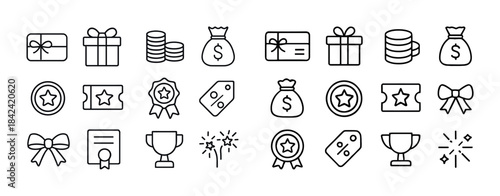 Set of gift, money, and prize icons featuring medals, trophies,