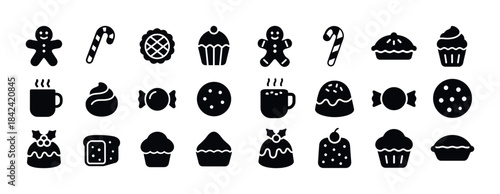 Black silhouette icons of cookies, candy, pie, muffins, and holi