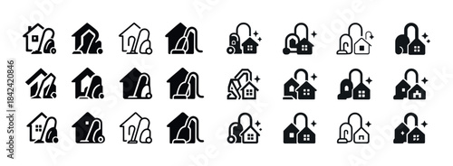 Set of black and white vacuum cleaner and house icons for cleani