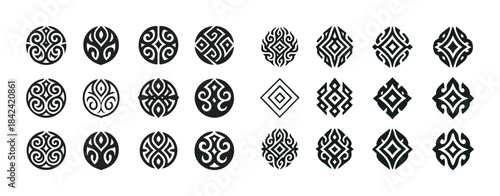 Collection of tribal symbols and geometric designs in black and