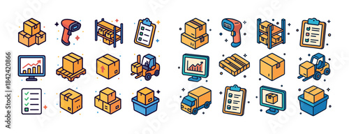 Warehouse and logistics icons: boxes, scanners, forklift, shelve