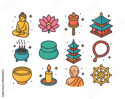Buddhism Icon Set. Buddhism. Colorful isometric vector icons set
