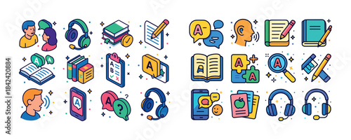 Colorful educational icons for language learning and communicati