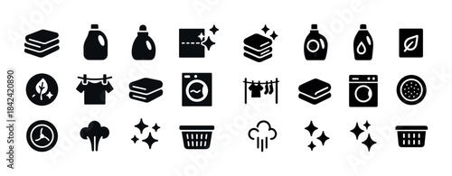Laundry icon set: detergent, washing machine, clothesline, eco-f
