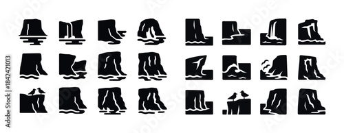 Stylized black and white waterfall icon set on white background