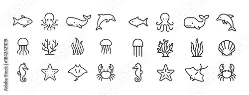 Marine life icons: fish, octopus, whale, dolphin, jellyfish, sea