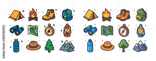 Vibrant camping icons collection featuring essential outdoor gea