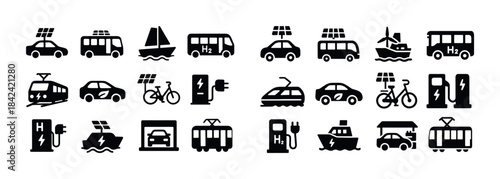 Eco-friendly transportation icons: solar, hydrogen, electric veh