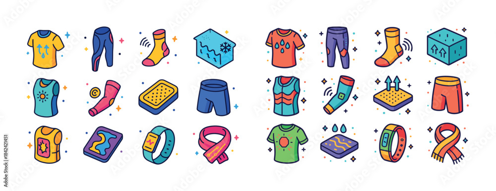 Fototapeta premium Colorful icon set of clothing and accessories with weather and f
