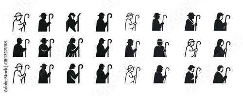 Silhouette icons of diverse elderly people with walking sticks