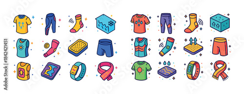Colorful icon set of clothing and accessories with weather and f