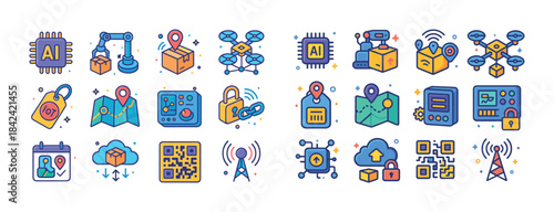 Technology icon set: ai, robotics, cloud, drones, cybersecurity,