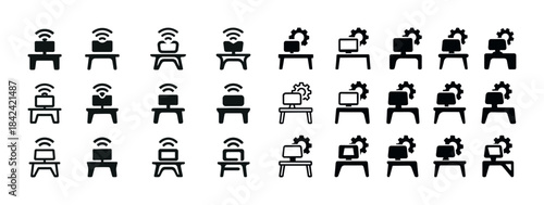 Icon set of remote work desks with computers and gears