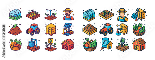 Colorful farm and gardening icons with farmer, plants, and tools