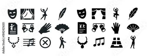 Theater and performance icon set: masks, dance, music, lighting,