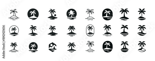 Variety of palm tree island icons set in black and white