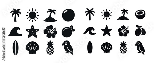 Tropical icon set: palms, sun, waves, starfish, flowers, fruit,