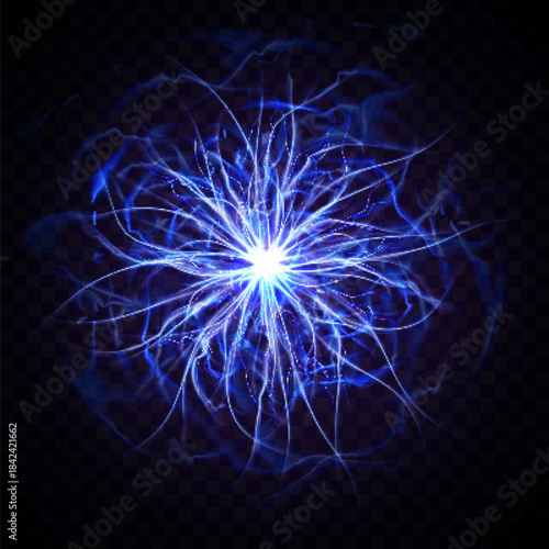 Bright blue and white electrical lightning bolts crackling across a dark black background with energy arcs.
Glowing blue energy portal with electric lightning bolts radiating outwards on a dark backgr