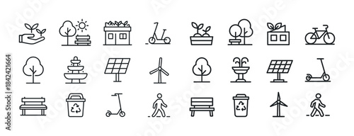 Eco-friendly urban icons collection with nature, solar energy, r
