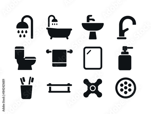 Bathroom Fixture Icons. Bathroom fixtures. Solid icon set of bat