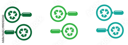 Recycling search icon. Vector illustration of a magnifier tool with recycling symbol inside. Represents concept of environmental conservation, waste reuse symbol.